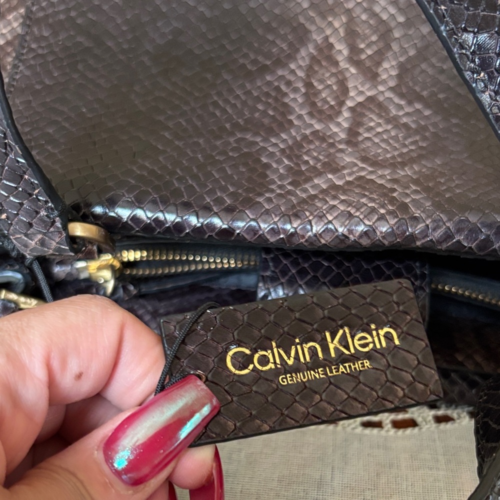 Calvin Klein Dark Brown Snake Print Satchel - Picture 4 of 9